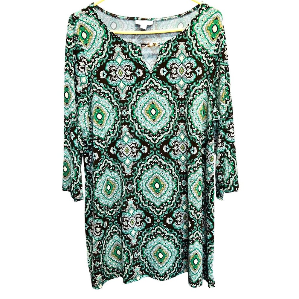 Charter Club Womens 2X Green & Brown Patterned 3/4 Sleeve Tunic Shirt
